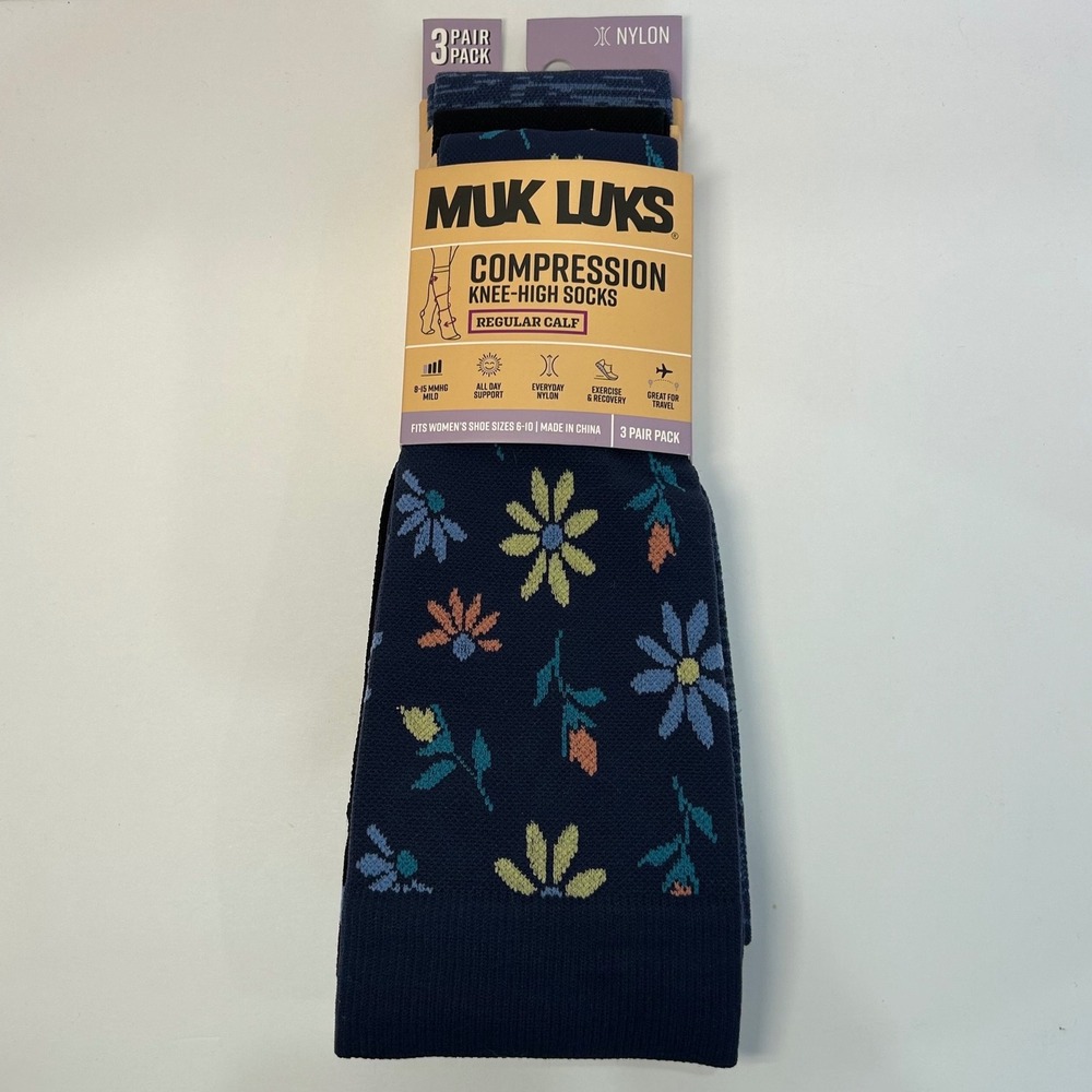 Muk Luks Womens Compression Knee-High Socks 3 Pair Pack Navy Floral Size 6-10